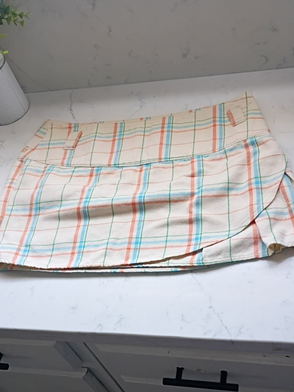 Split Jolt Cream Plaid Skirt with Blue, Peach & Green Stripes